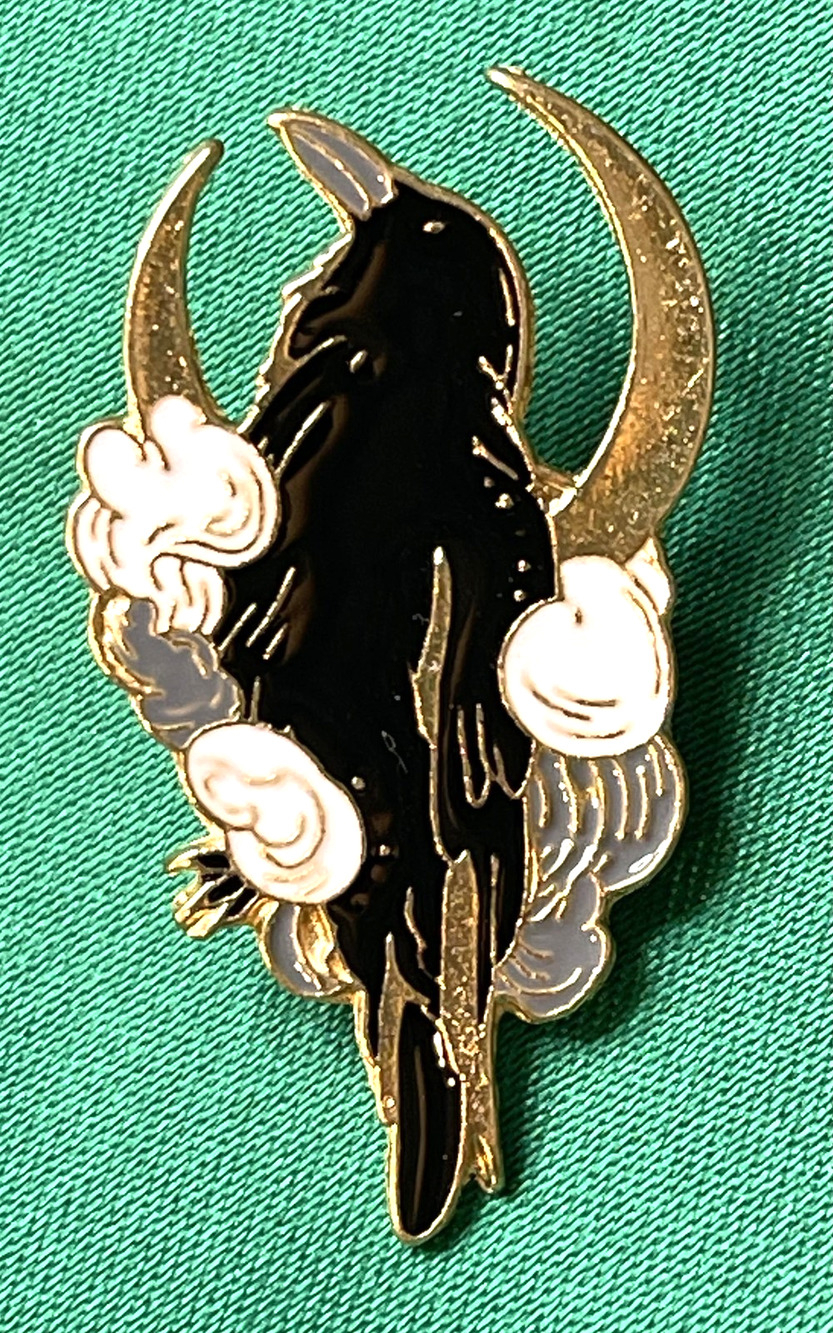 NWOT Crow Brooch Lapel Pin Black Enamel Gold Toned Crescent Moon Celestial